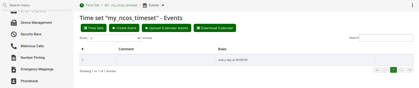 Time set events table