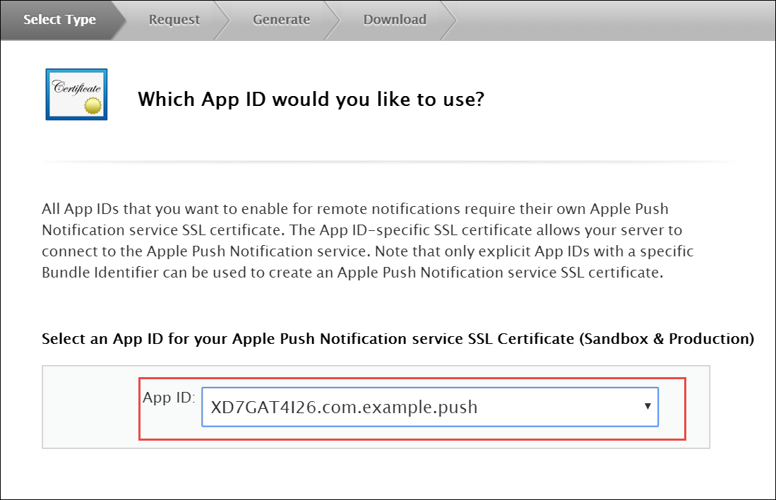 Create CSR - Select App ID