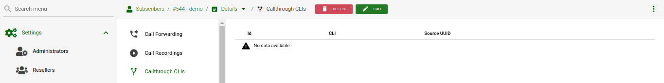 Edit Subscriber Callthrough CLIs