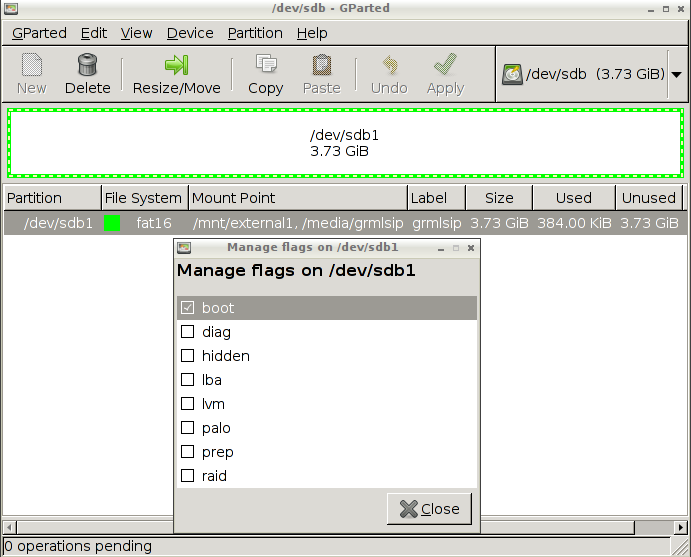 GParted with settings for grml2usb