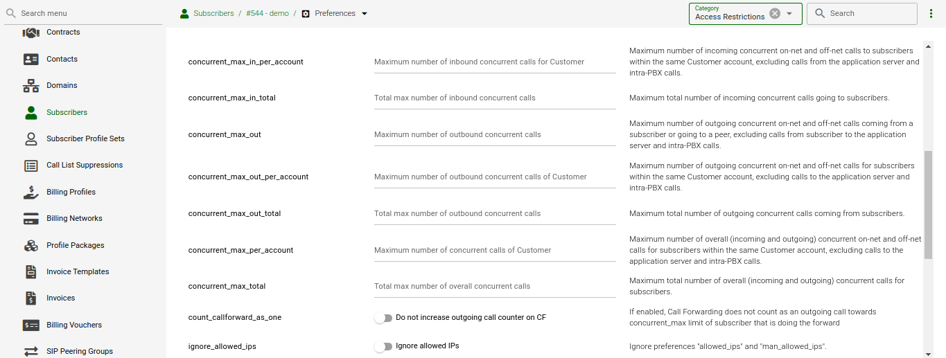 Subscribers Preferences - Access Restrictions