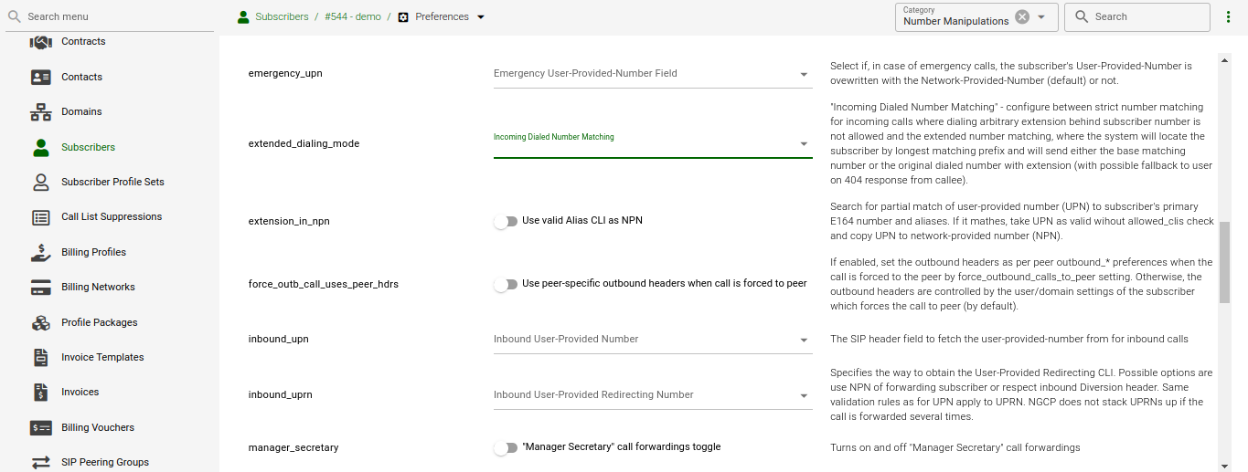 Subscriber Preferences - extended-dialing-mode