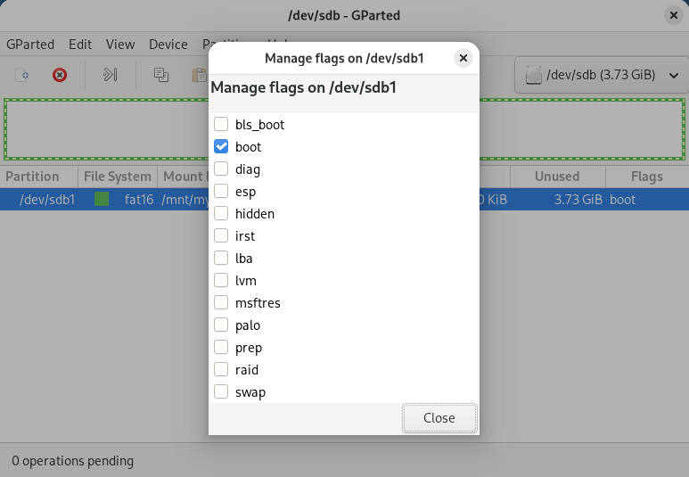 GParted with settings for grml2usb