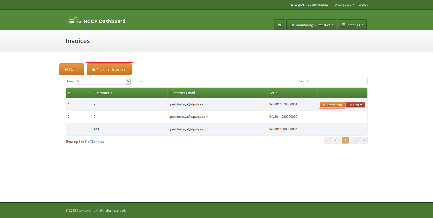 Invoice management interface