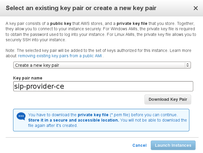 Choose a key pair to access the system